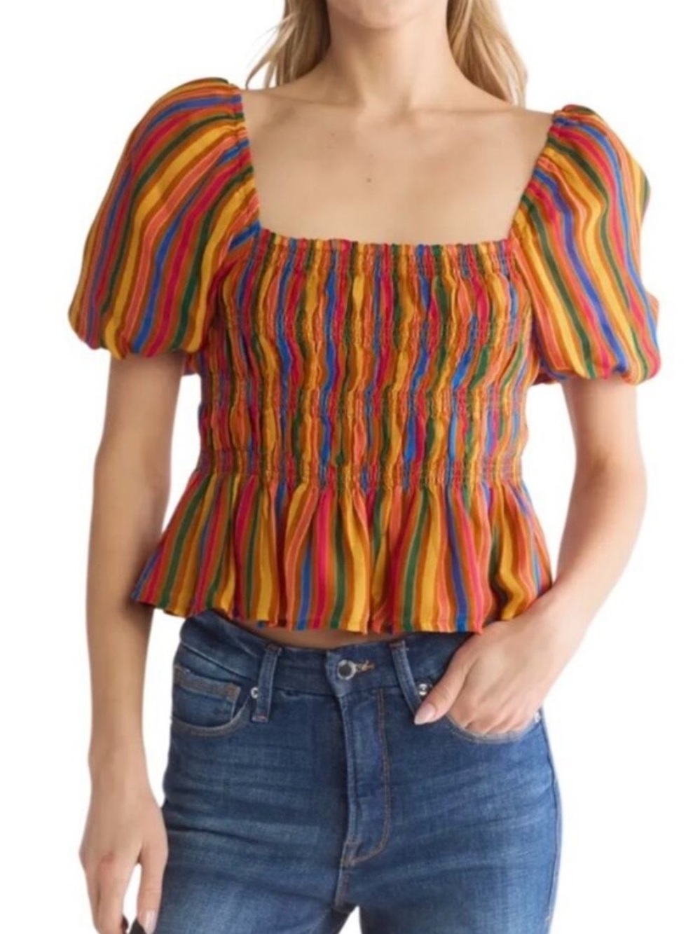 MOTHER Multi-Stripe Smocked Square-Neck Peplum Top
